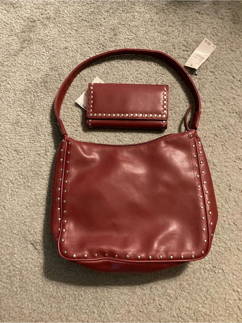 Red Stud-Trim Shoulder Bag with Matching Wallet